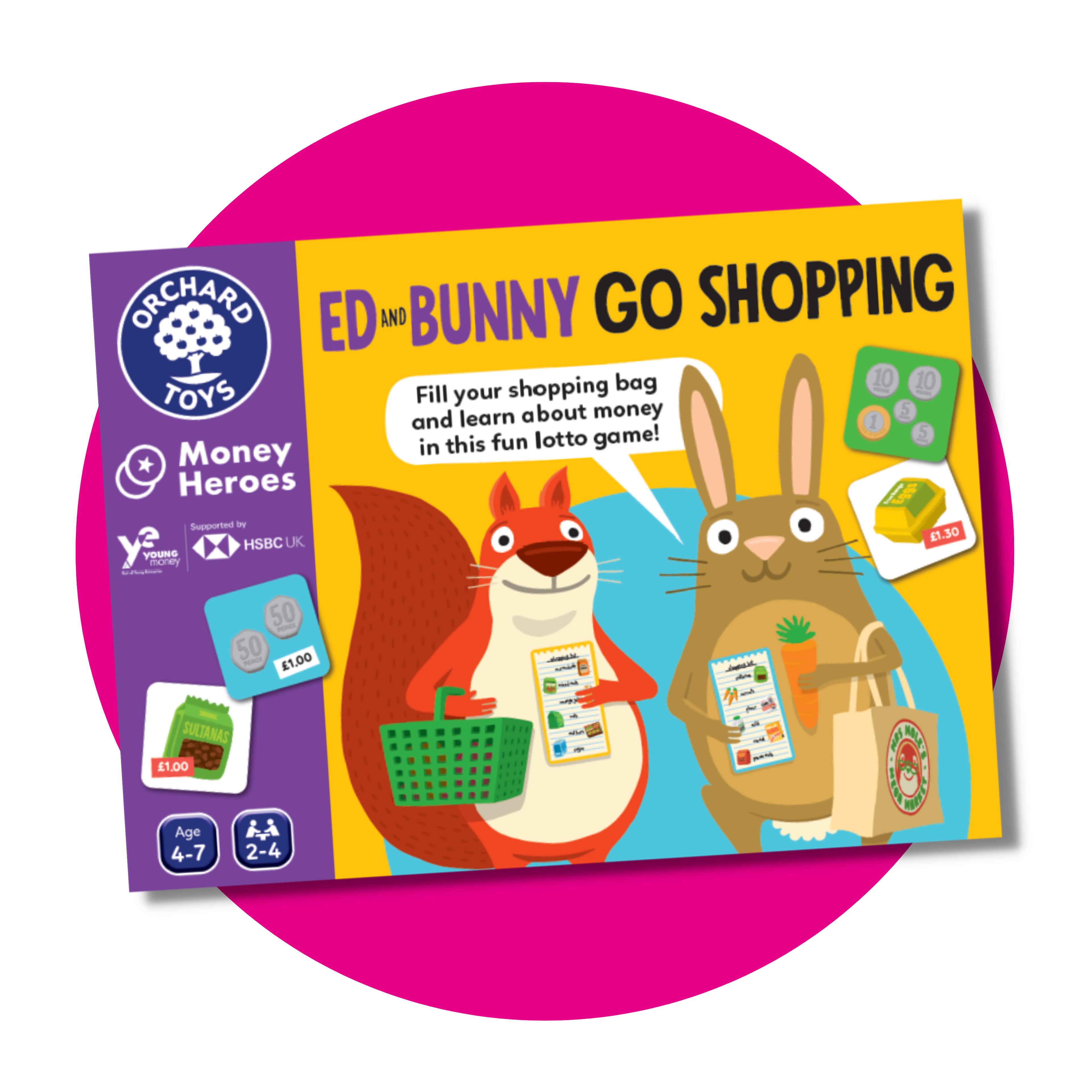 Illustration of board game box: Squirrel and bunny with shopping bags and baskets