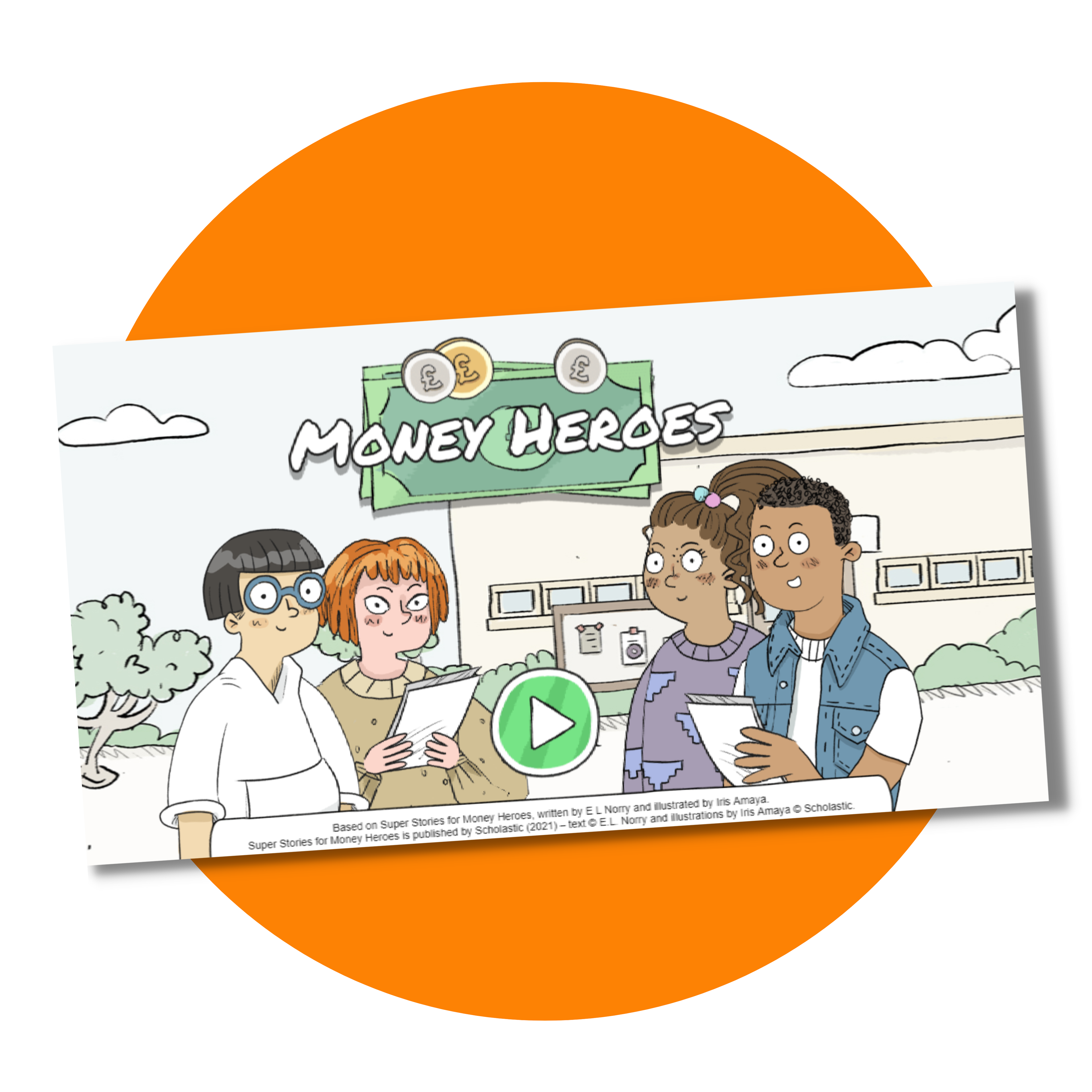 Game screenshot, four teenagers standing with notepads