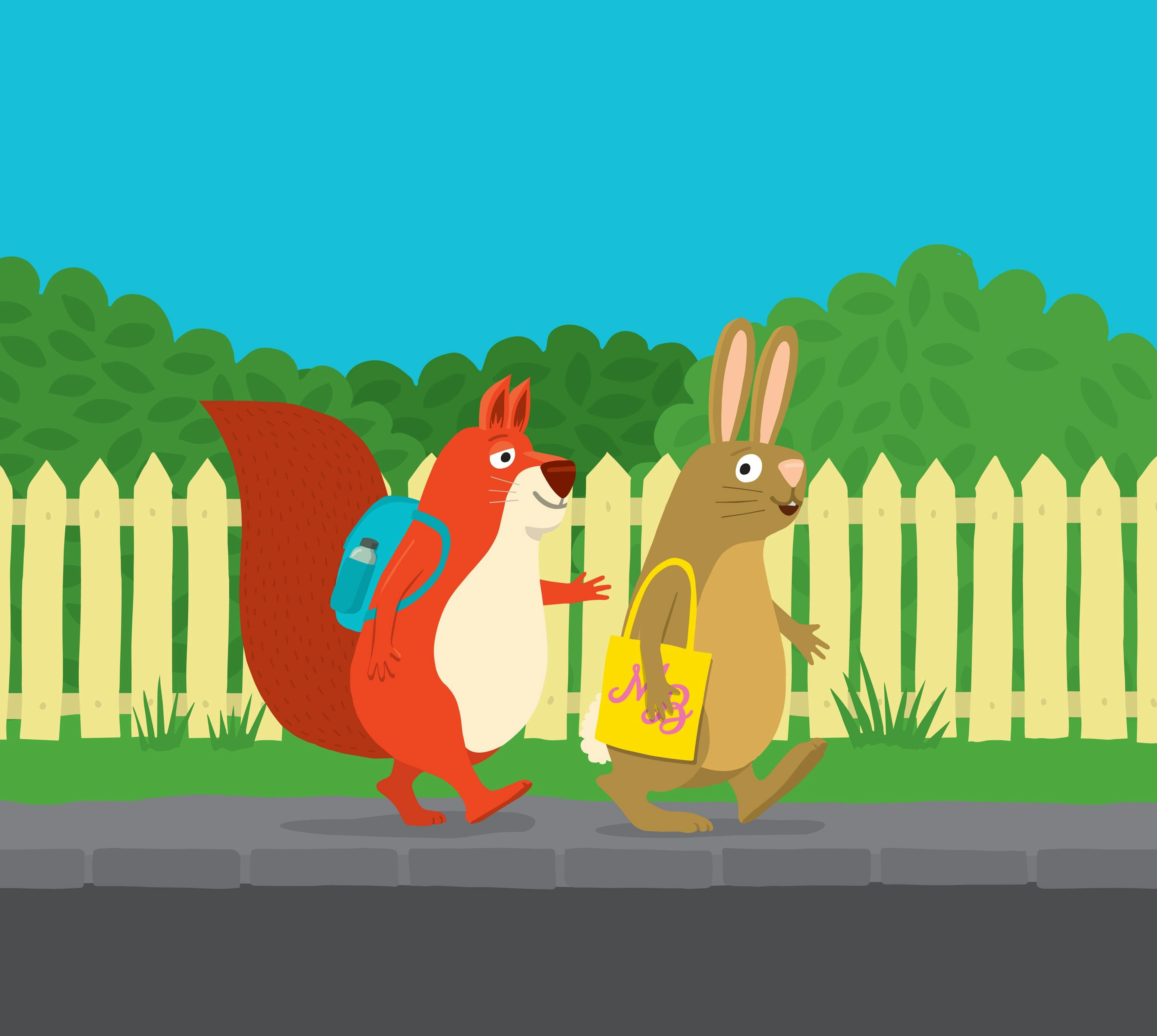 Illustration of a squirrel with a backpack and a bunny with a shopping bag walking down the street.