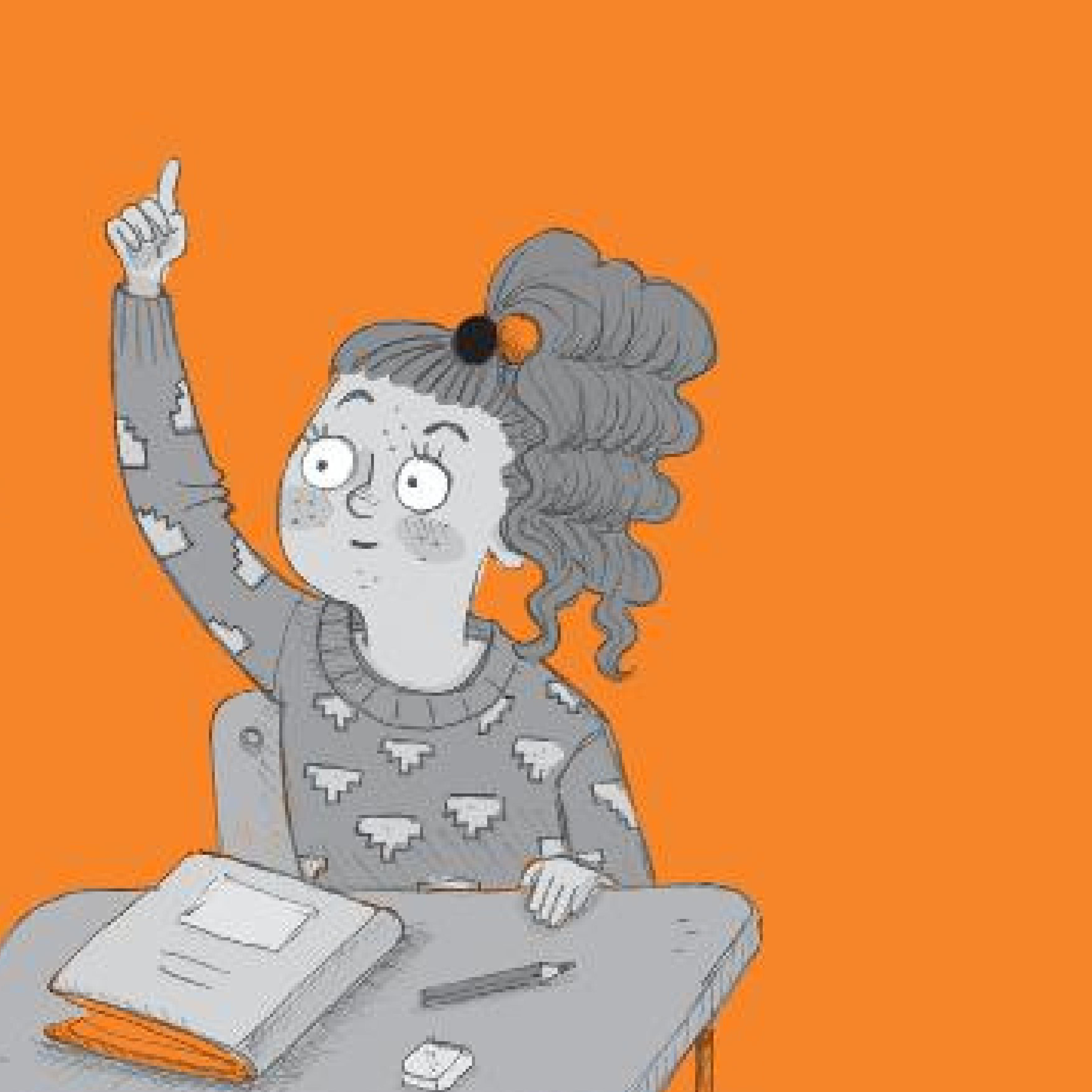 Illustration of girl at a desk with her hand up