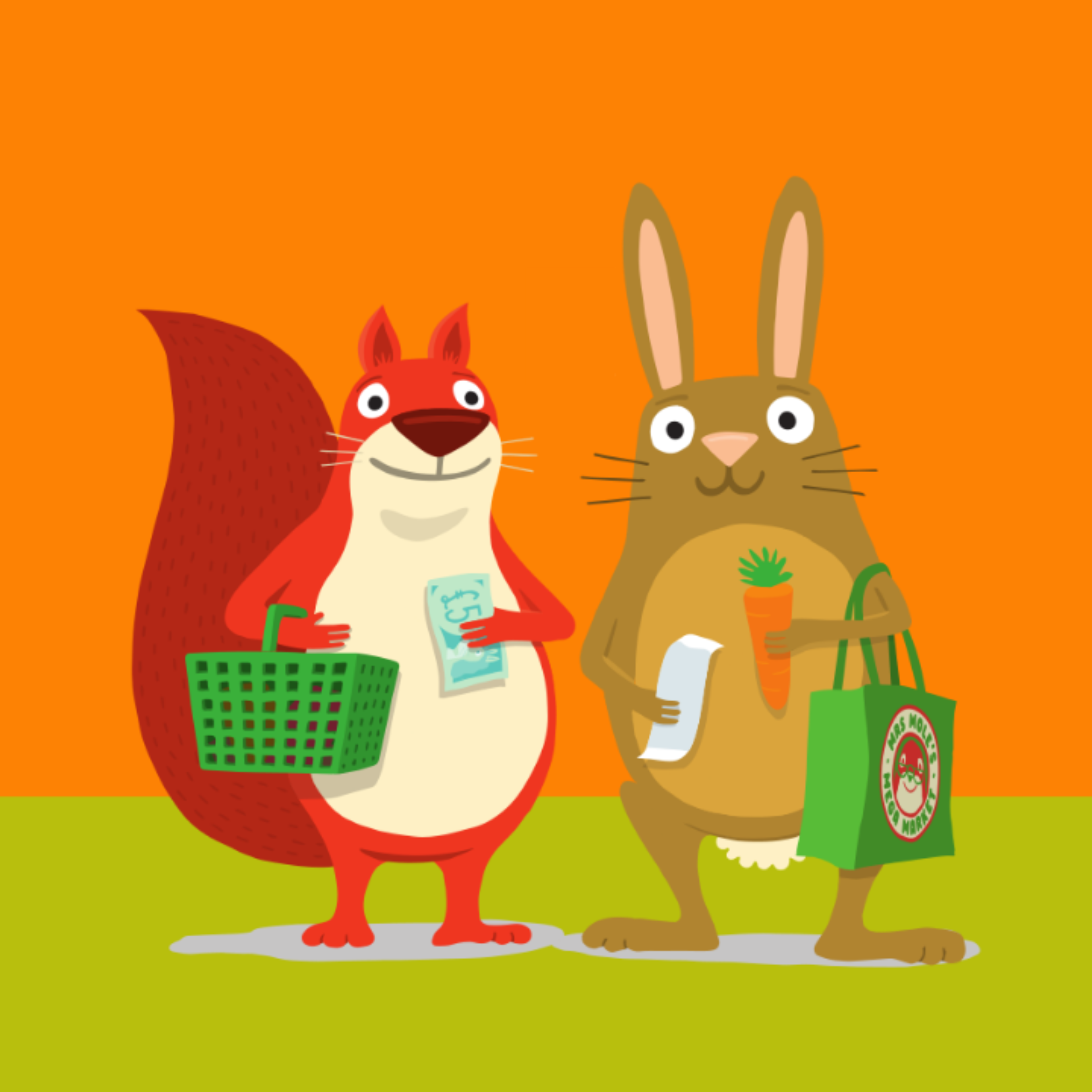 Illustration of a squirrel with shopping basket and a bunny with a shopping bag