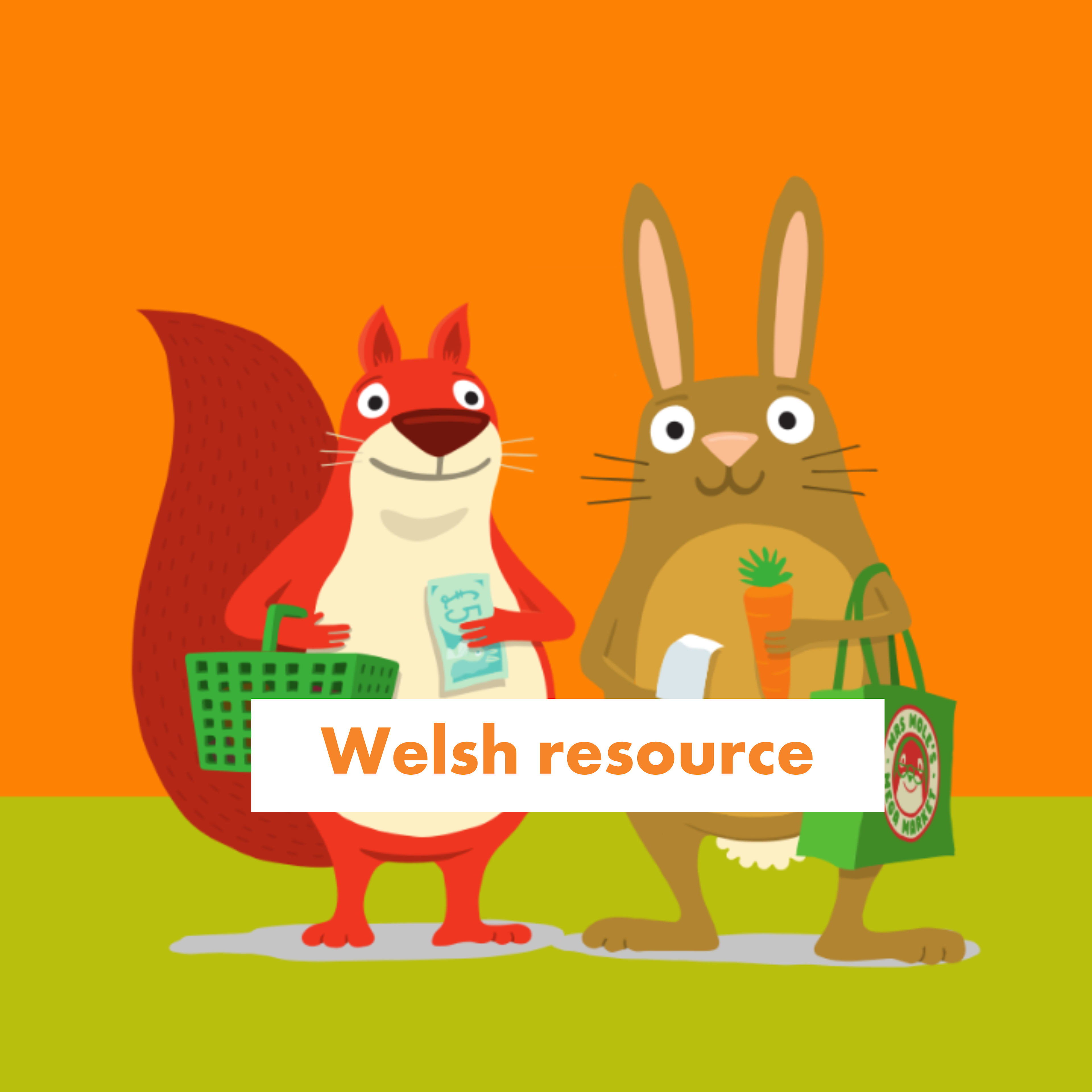 Illustration of a squirrel with a shopping basket and money notes, and a bunny holding a shopping bag, receipt and carrot.