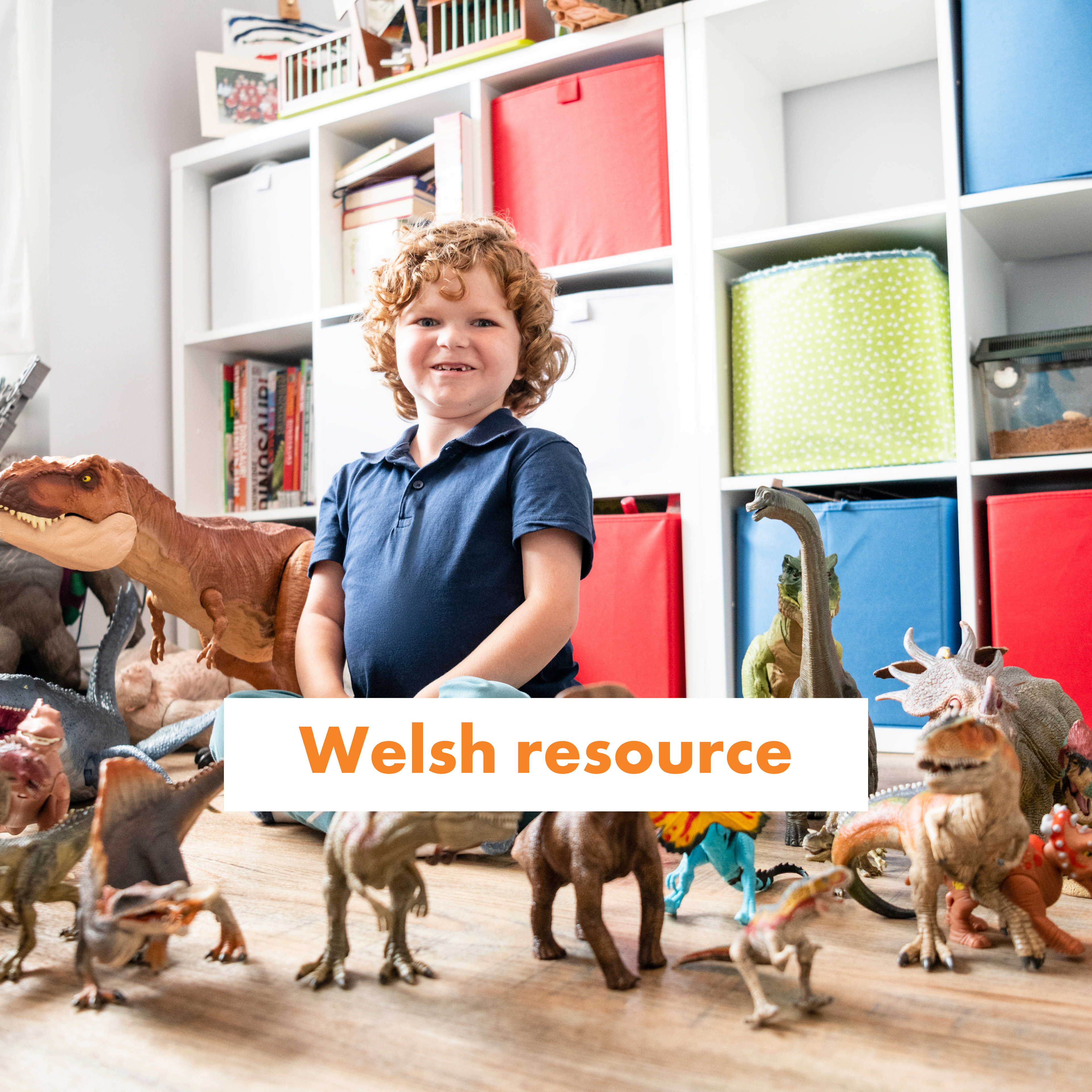 A little boy sits surrounded by toy dinosaurs.