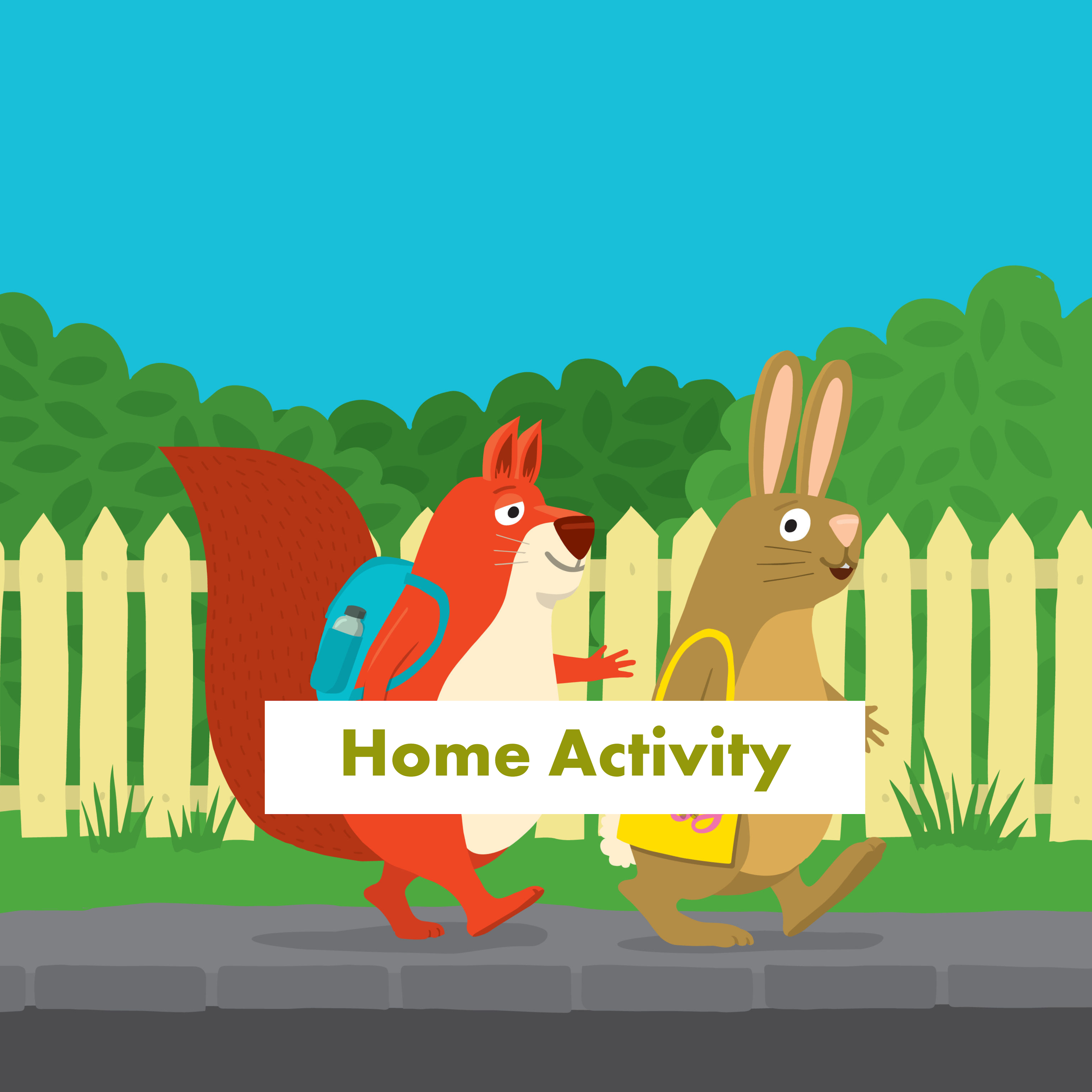 Illustration of a squirrel with a backpack and a bunny with a shopping bag walking down the street.