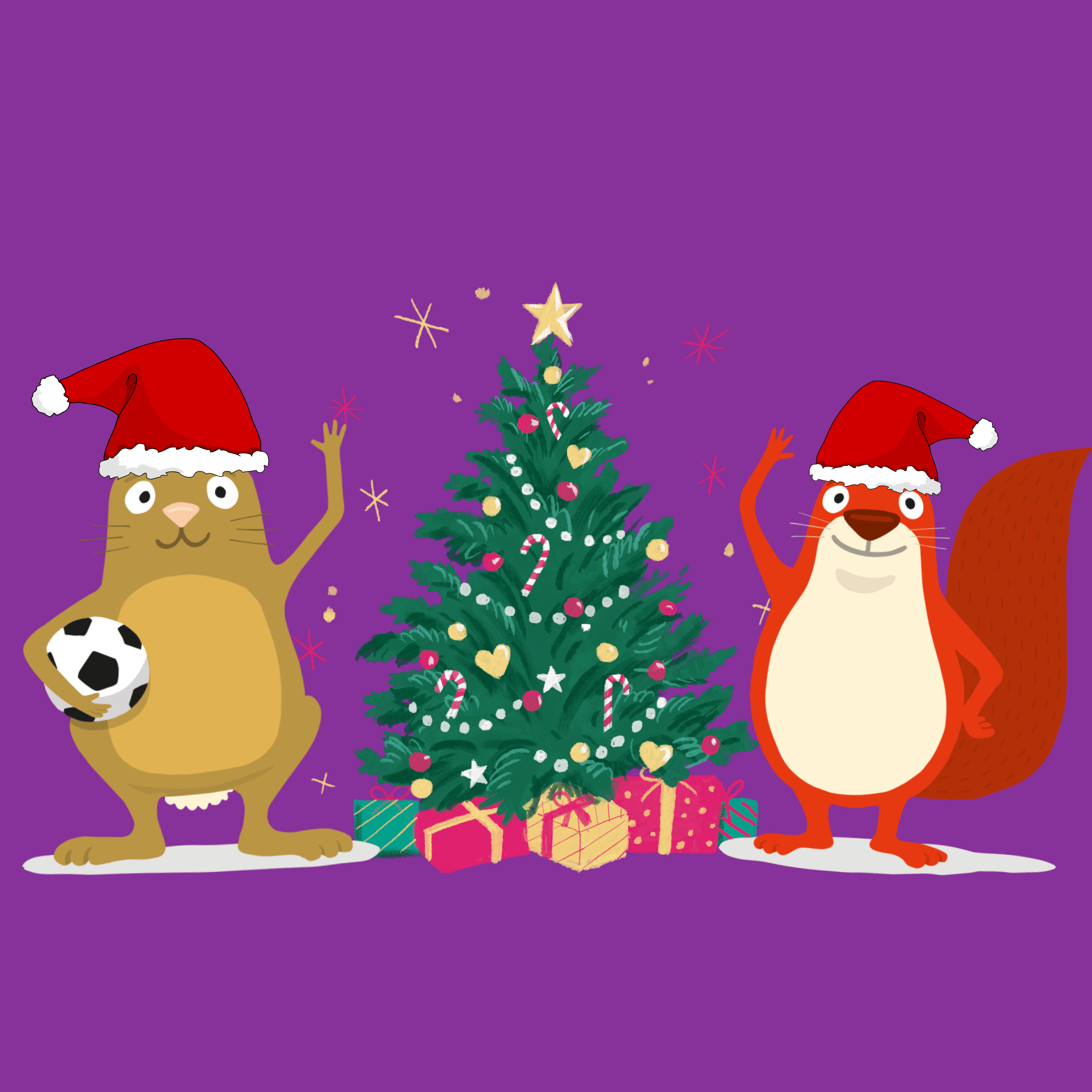 Illustration of a squirrel with a backpack and a bunny with a shopping bag walking down the street.